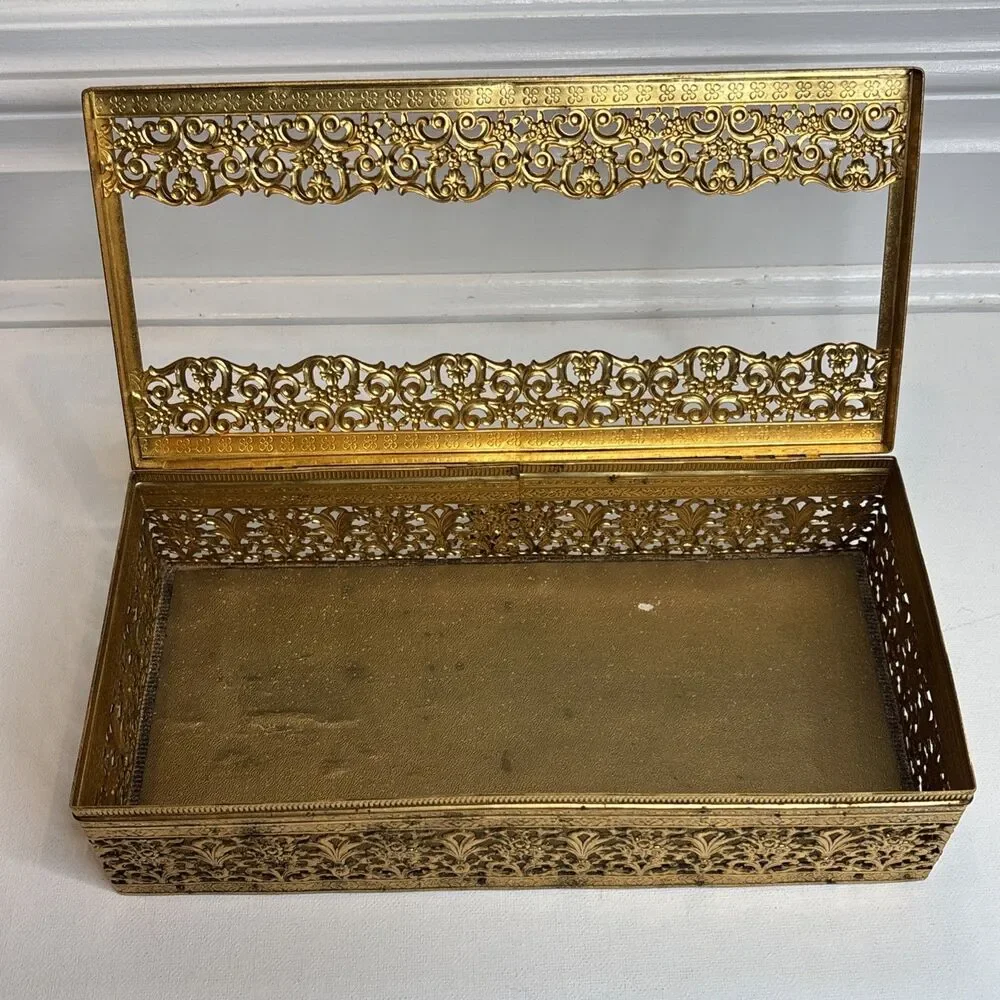 MCM Gold Tone Tissue Kleenex Box Filigree Holder Ornate Hollywood Regency